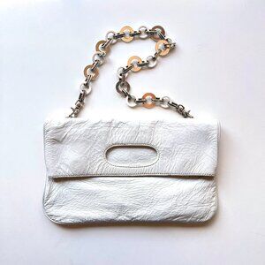 Franchi Collection White Patent Leather Fold Over Convertible Shoulder Bag Purse